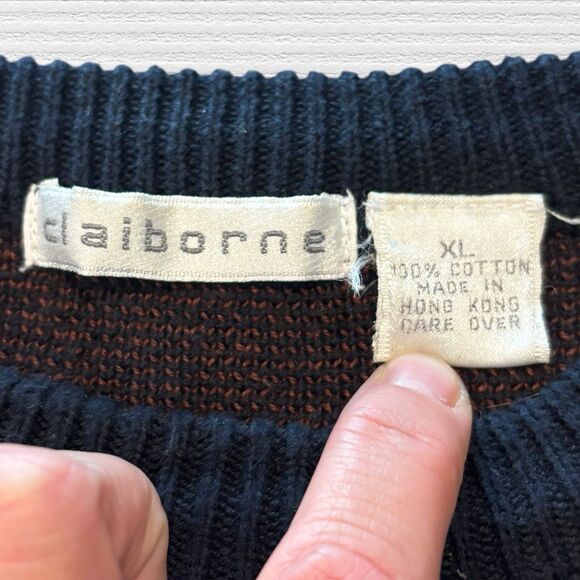 Vtg Claiborne Sweater Mens XL Navy Red Geometric Grandpa Knit Hong Kong 90s - Picture 3 of 8